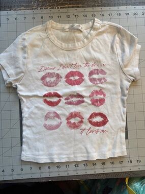 Altar'd State White Tee with Pink & Red Lip Prints